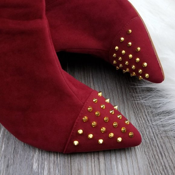 Shoe Dazzle Spike Stud Stiletto Heel Knee High Boots Size 9.5 Burgundy - Picture 6 of 10